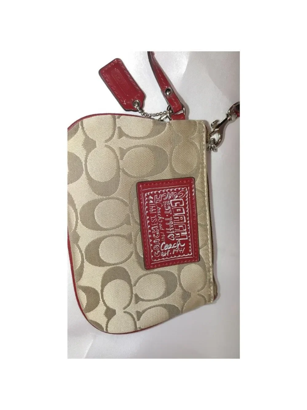 Coach Poppy Jacquard Wristlet Small Beige and Red